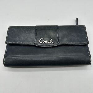 Coach Signature Leather Wallet Trifold Blue Checkbook Holder Zipper Snap Y2K